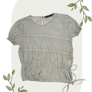 Zara Basics Grey Tie Striped Asymmetrical Short Sleeve Lightweight Top- XS